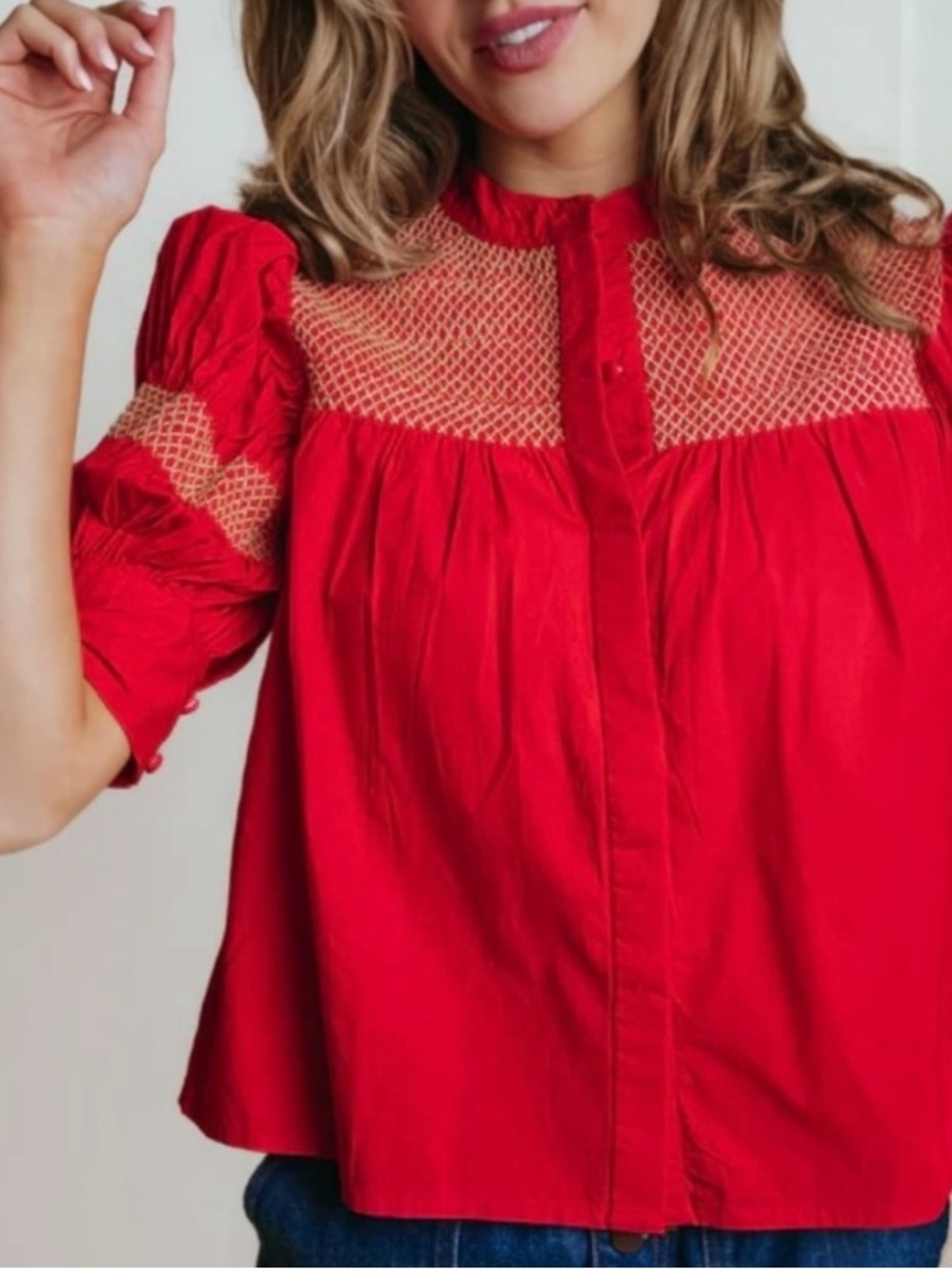LaRoque Sutton Cotton Poplin Smocked Cuffed Sleeve Blouse Size XS